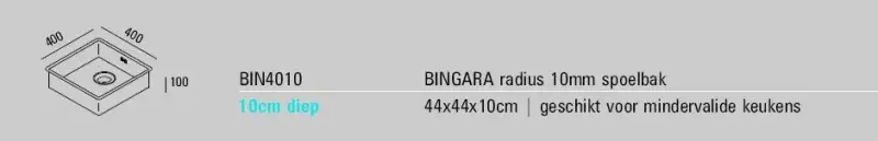 ABK Bingara grund handikappanpassad diskho i rostfritt stål 10 cm djup 40x40 cm för planmontering, undermontering och ovanmontering BIN4010FVI