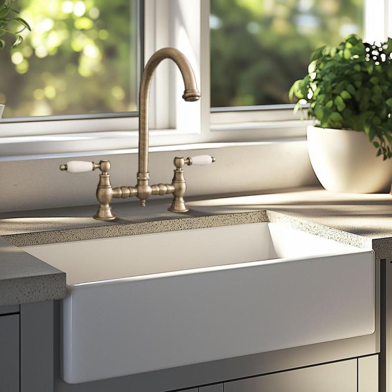 PB Nostalgisk Köksblandare Brons rund pip med vita handtag PBN.BRO.R.WH