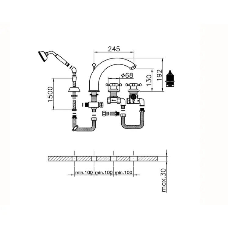 Huber Victorian 4-håls Termostatisk Badkarblandare med Duschset Guld VTT760102G