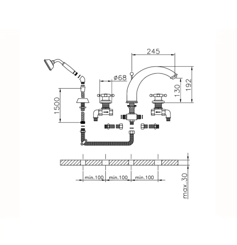 Huber Victorian 4-håls badkran med duschset Guld VT0002602G