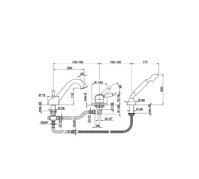 Cisal Arcana Empress 3-håls badblandare med handdusch Guld EM00126024