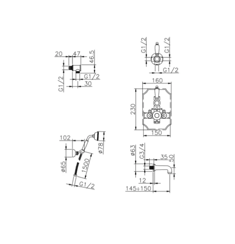 Huber Victorian Termostatisk Inbyggd Bad-Duschset Krom 915.VT01H.CR