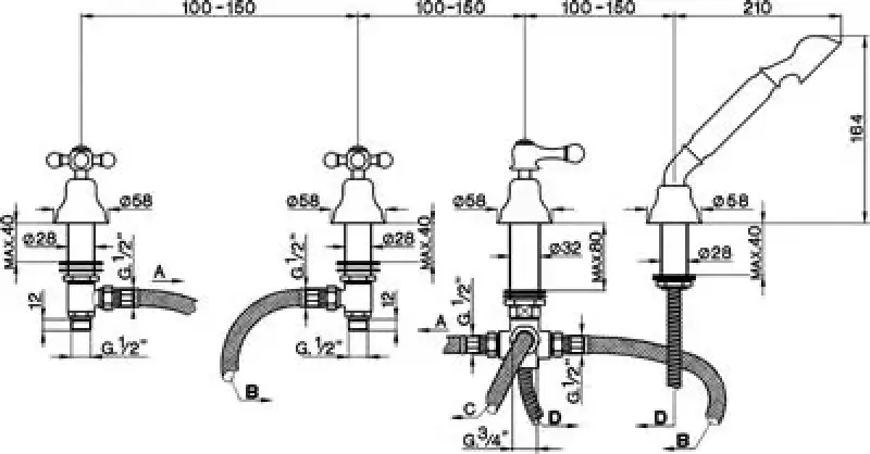Cisal Arcana Keramisk 4-håls Badblandare Badkarsmontering Gamla Koppar AC00029026