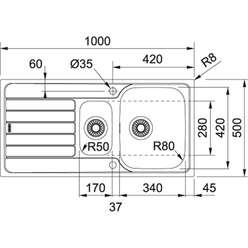 Franke Spark SKX 651 en och en halv rostfri diskbänk för montering med omvändbar droppdel 101.0315.546