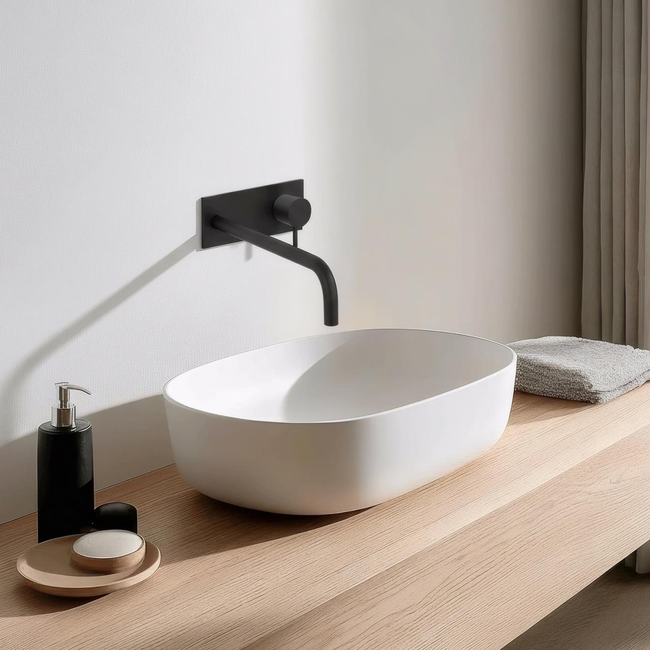 Waterevolution Flow inbyggnadstvättställsblandare med täckplatta matt svart med utloppspip 25 cm T1161BPR-25