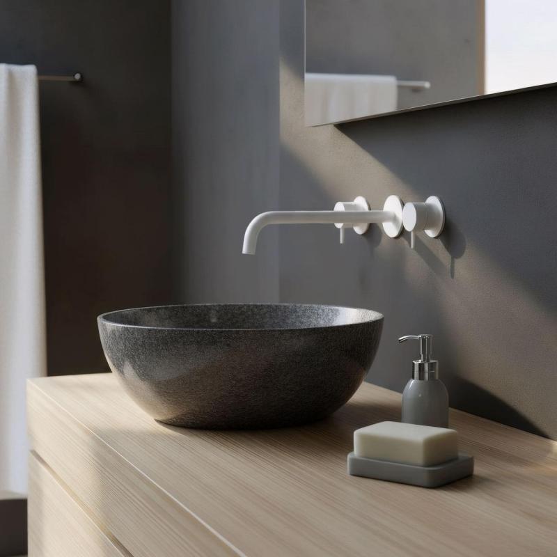 Waterevolution Flow 3-håls infälld tvättställsblandare matt vit med utlopp 25 cm T1163FBR-25