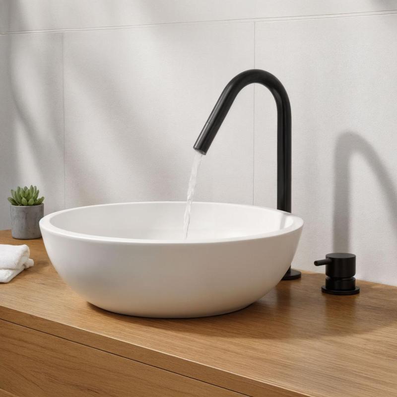 Waterevolution Flow 2-håls tvättställsblandare matt svart med liten V 120mm pip T1121VPR