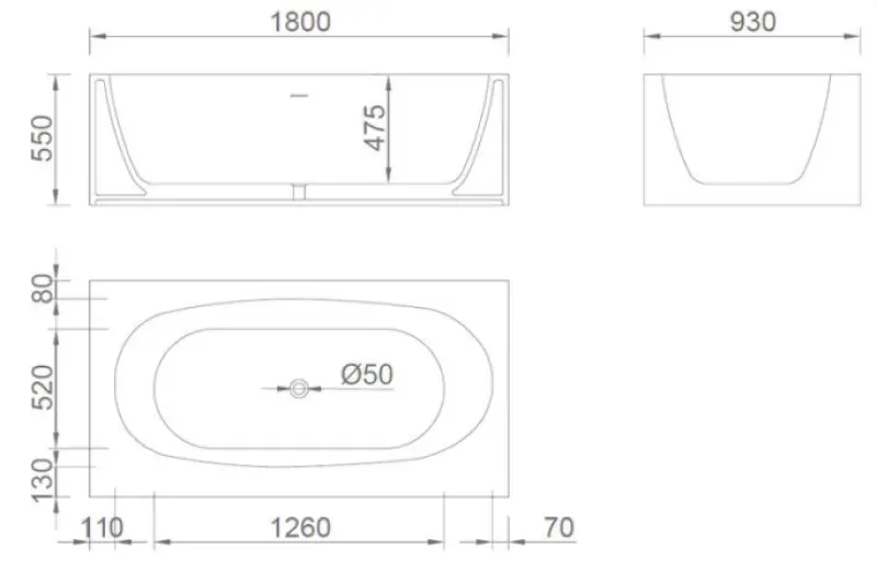 Solid-S Recto fristående badkar i solid surface (Corian), L 180 x B 93 x H 55 cm, mattvit, sista lagret