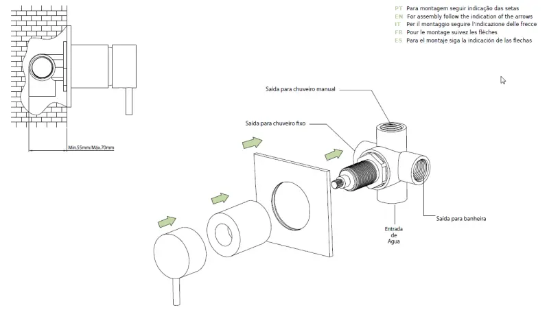 Waterevolution Flow inbyggd 3-vägs omkastare rund rosett matt svart T1483SPR