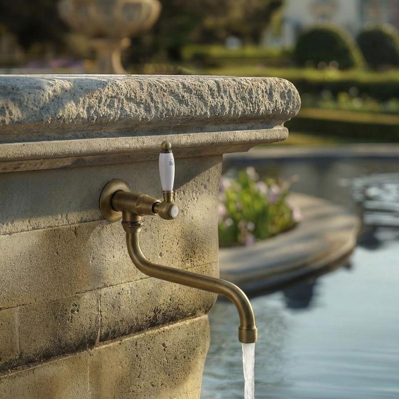 PB klassisk väggmonterad fontänkran med vit handtag, kallvatten och lång pip, brons 1208853602