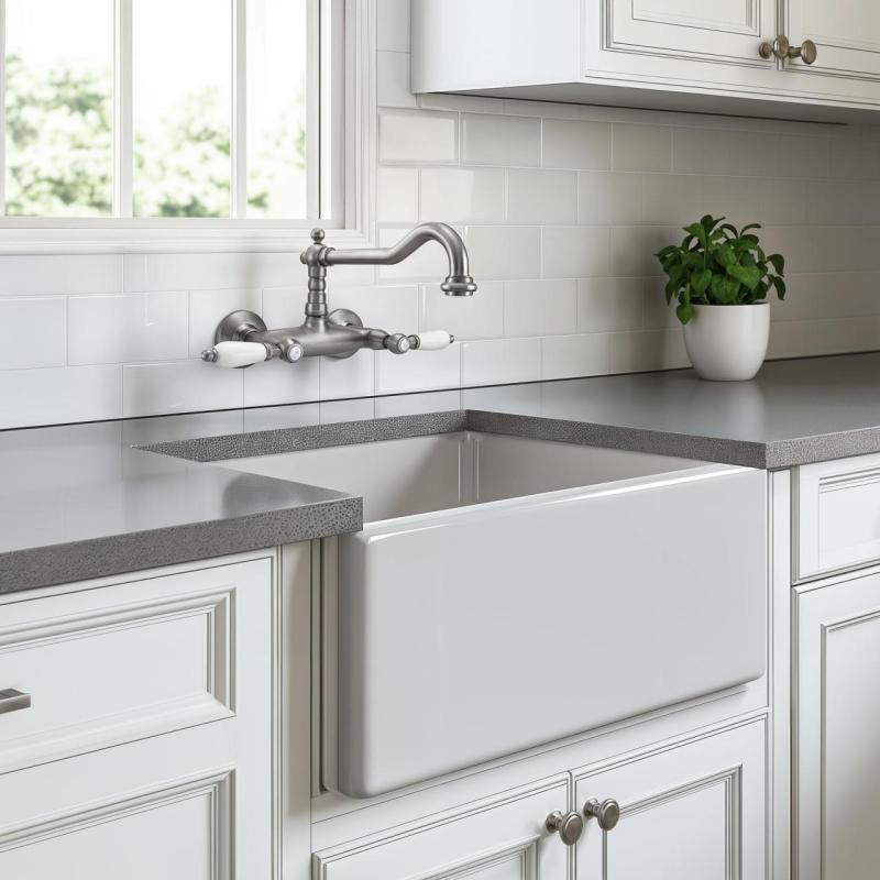 PB klassisk kran Väggmonterad kran Vita handtag Rostfritt stål 1208854192