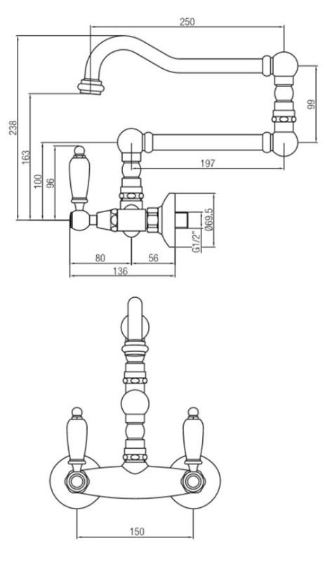 PB klassisk kran Väggmonterad kran Vita handtag Extra lång svängbar pip Rostfritt stål 1208854252