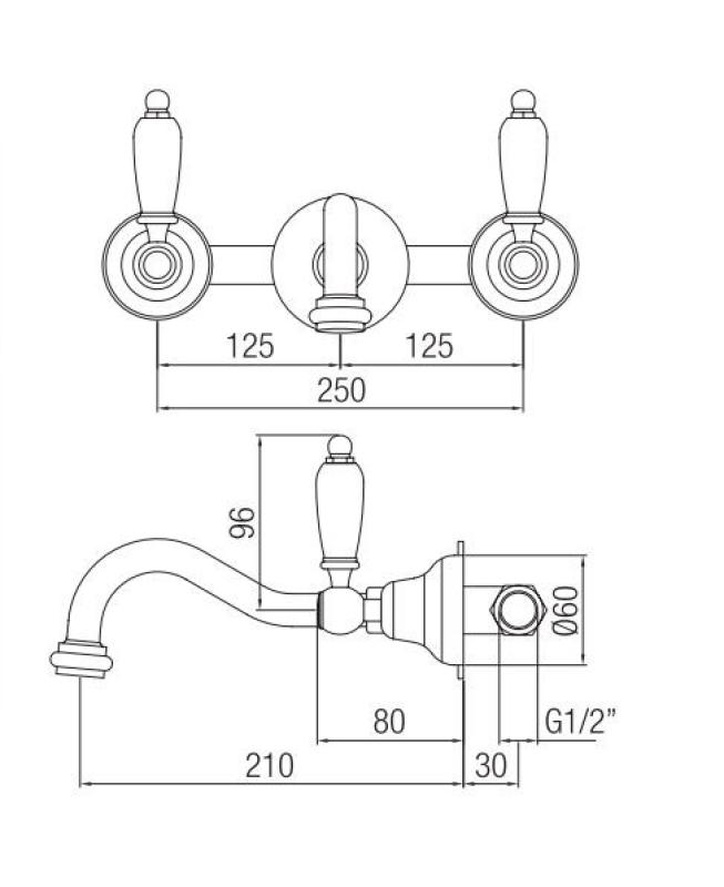 PB klassisk väggmonterad kran med vita handtag 20 cm utsprång RVS 1208854372