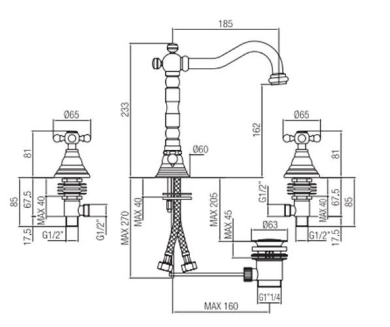 PB klassisk 3-håls tvättställsblandare med stjärnformade handtag och en pip på 18,5 cm Krom 1208854922