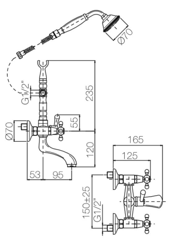 PB klassisk blandare för badkar med stjärnformade vred i rostfritt stål inklusive handdusch 1208855172