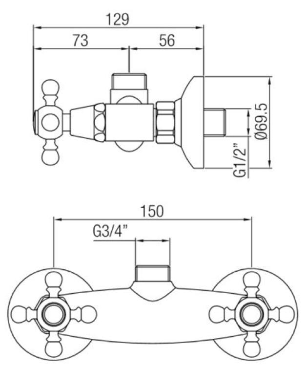 PB klassisk kran, påbyggnadsduschblandare med kraftiga knoppar, krom, överanslutning 1208855302