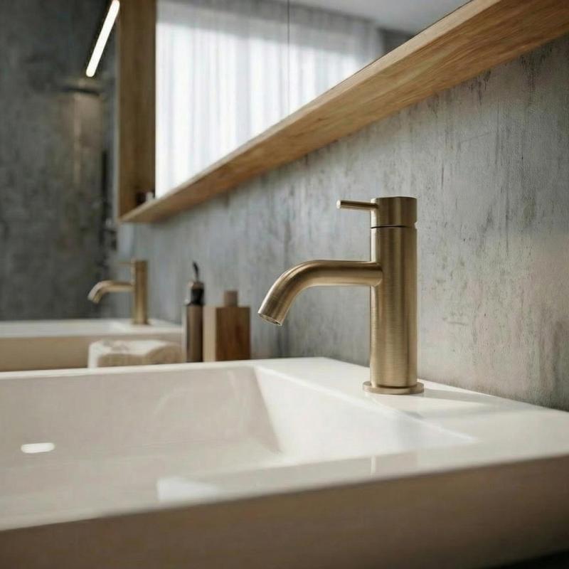 Waterevolution Flow låg tvättställsblandare inkl. klickplugg borstad mässing T110LE