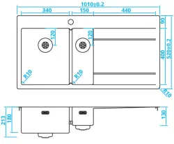 Caressi RVS 1,5 Diskho vänster med avrinning till höger CAPP3415ABL B101xL52 infälld undermonterad och planmonterad 1208921302