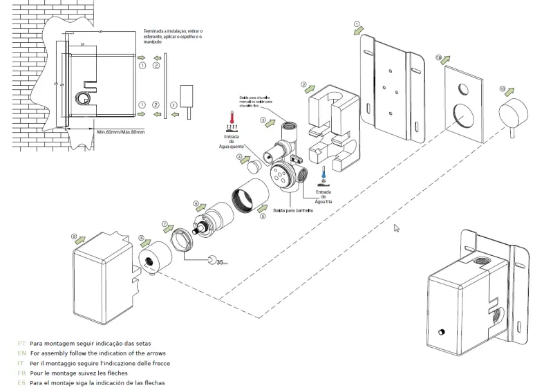 Waterevolution Flow inbyggd duschtermostat med 2 utlopp matt vit T132TBBBR med TEC box