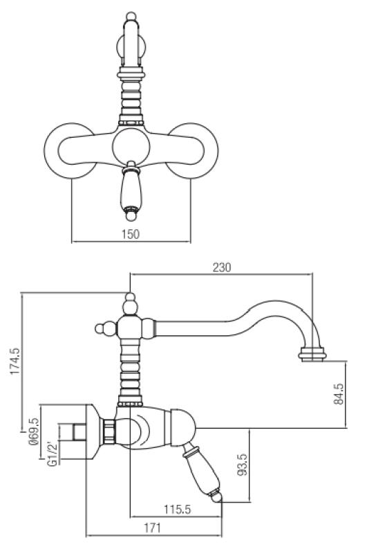 PB nostalgisk ettgrepps väggmonterad kran med vit handtag i rostfritt stål