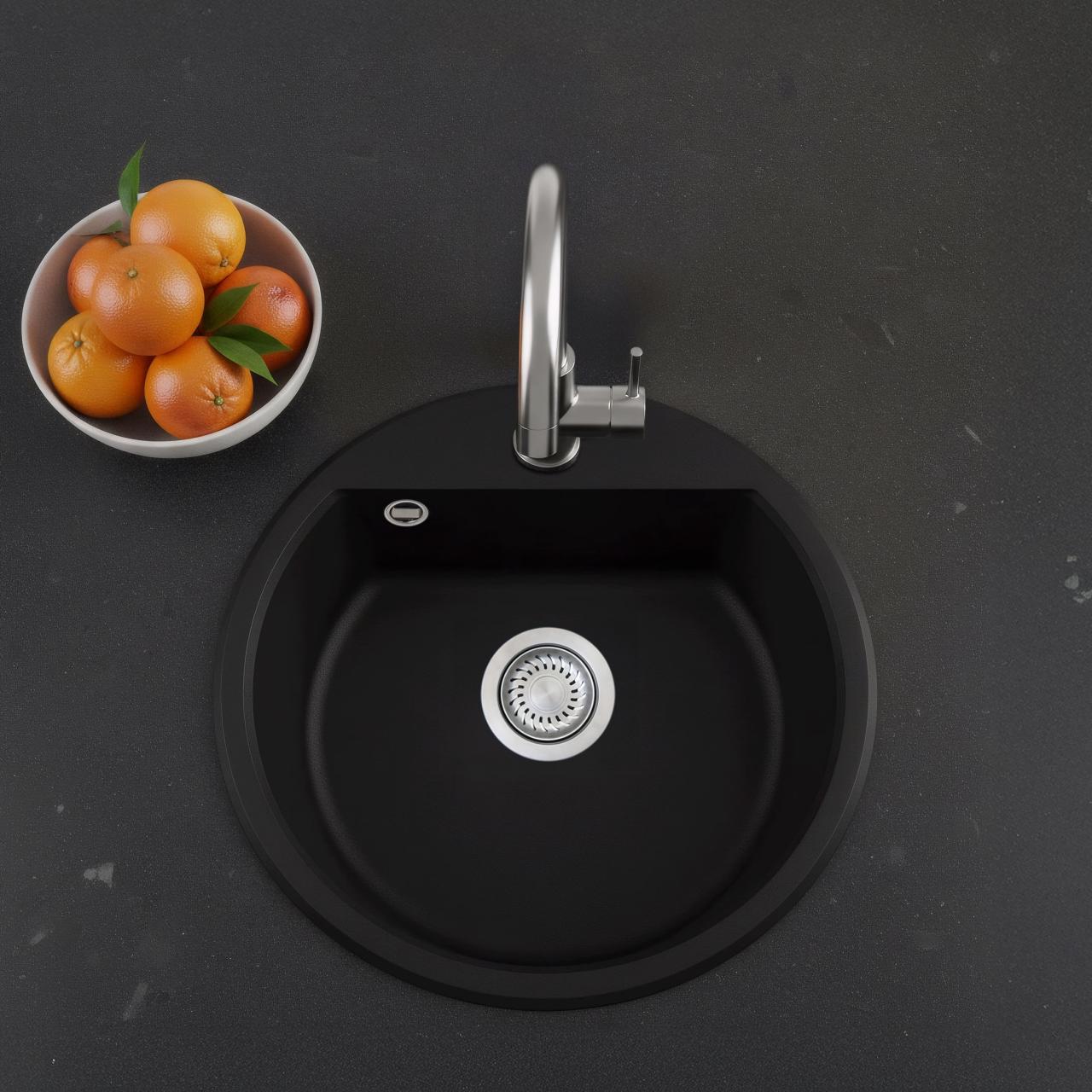 GraniteMy Bremen rund granitho diskbänk 43 cm svart för både ovanpåliggande och undermonterad installation med kranhål och rostfri plugg 1208953206