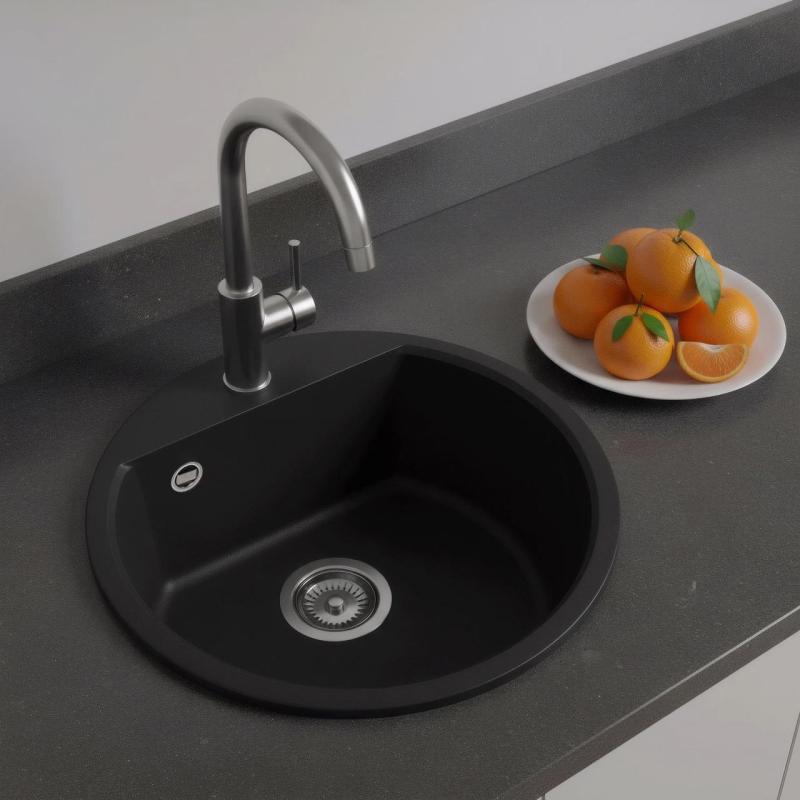 GraniteMy Bremen rund granitho diskbänk 43 cm svart för både ovanpåliggande och undermonterad installation med kranhål och rostfri plugg 1208953206