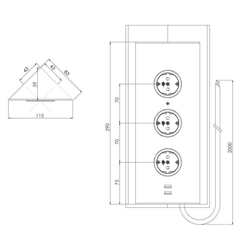 Indux Corner Energisäule mit 3 Steckdosen, Schutzerdung und doppelter USB-A&amp;C-Ladegerät Edelstahl 1208953216