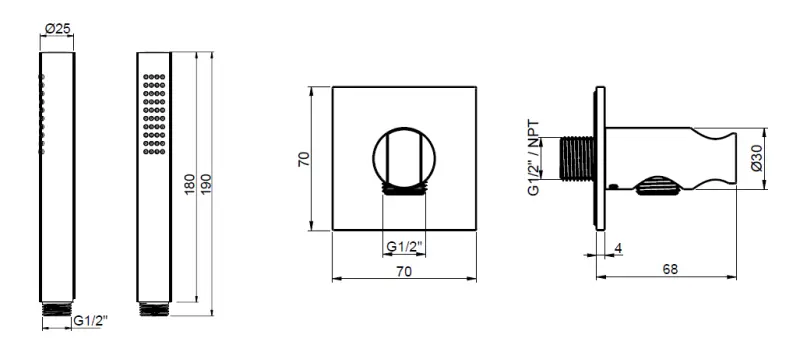 SB 316 Fyrkantig handduschset med slang och upphängningskrok i rostfritt stål