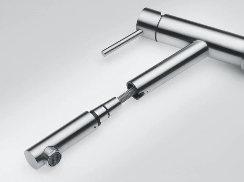 Franke Orbit massiv rostfri låg kökskran med utdragbar pip inox 115.0569.461