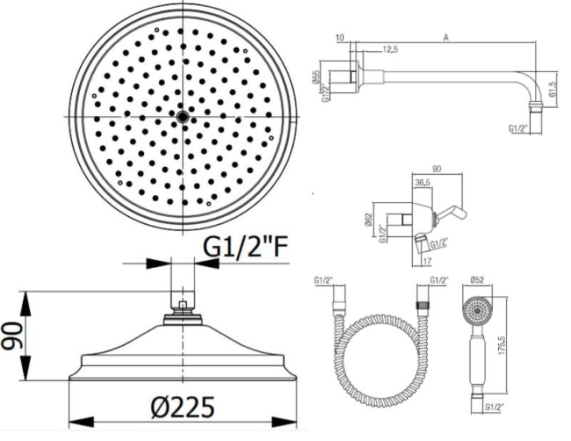 PB klassisk nostalgisk inbyggnadsduschset krom med handdusch och regndusch 225mm 1208953841