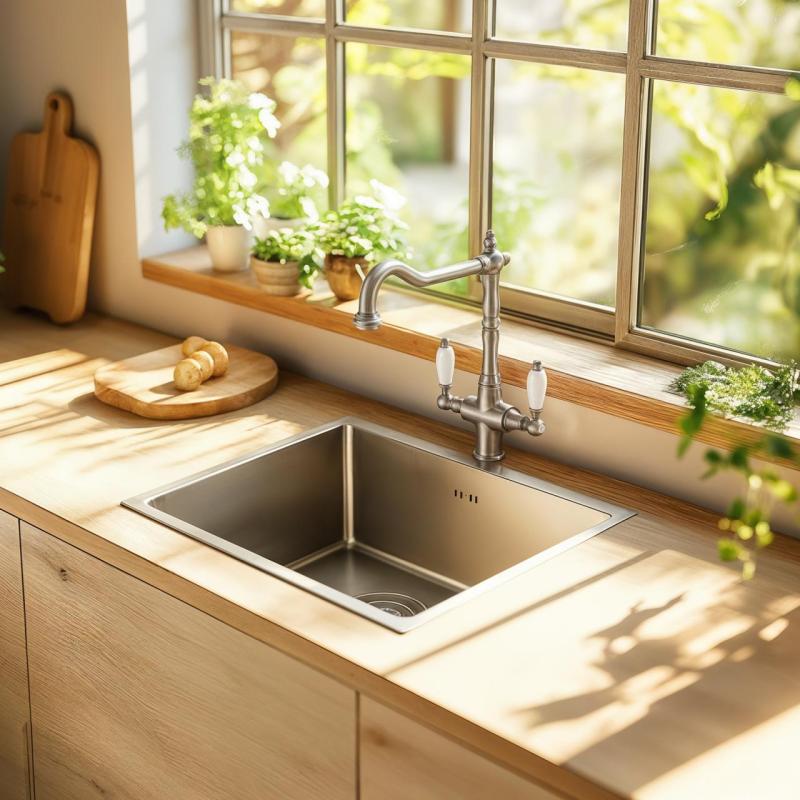 PB Nostalgisk klassisk lantlig kökskran rostfritt stål med vita handtag 1208953915