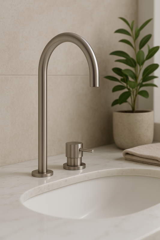 Waterevolution Flow 2-håls tvättställsblandare helt i rostfritt stål med hög U 200 mm utlopp T1122UIE