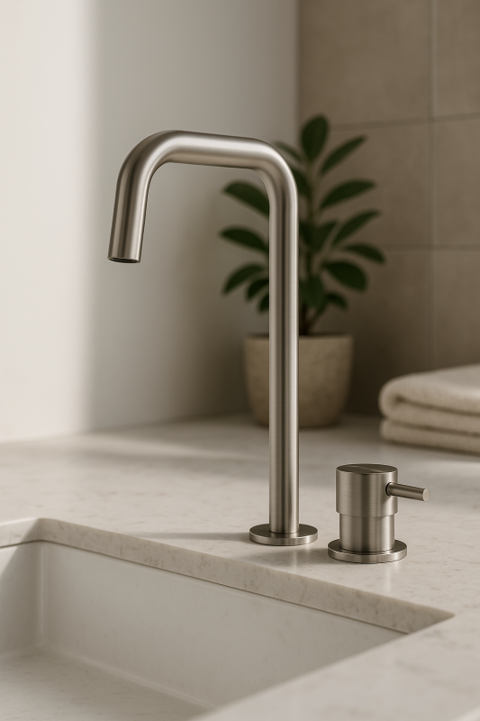 Waterevolution Flow 2-håls tvättställsblandare hög pip 222 rostfritt stål T122HIE