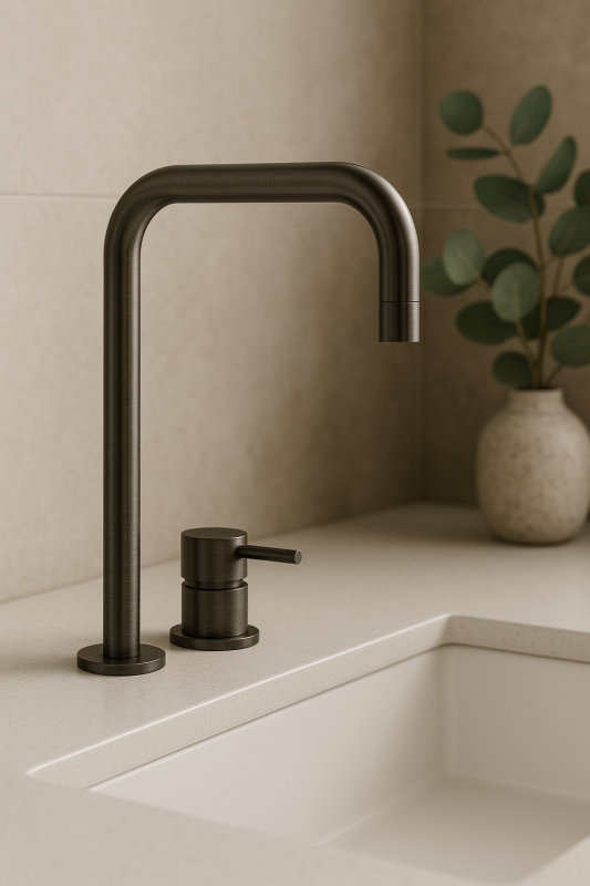 Waterrevolution Flow 2-håls tvättställsblandare hög pip 222 PVD Gun Metal T122HGME