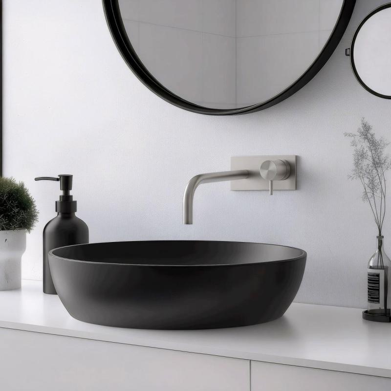 Waterevolution Flow inbyggd tvättställsblandare med täckplatta helt i rostfritt stål med utlopp 15 cm T1161BIE-15