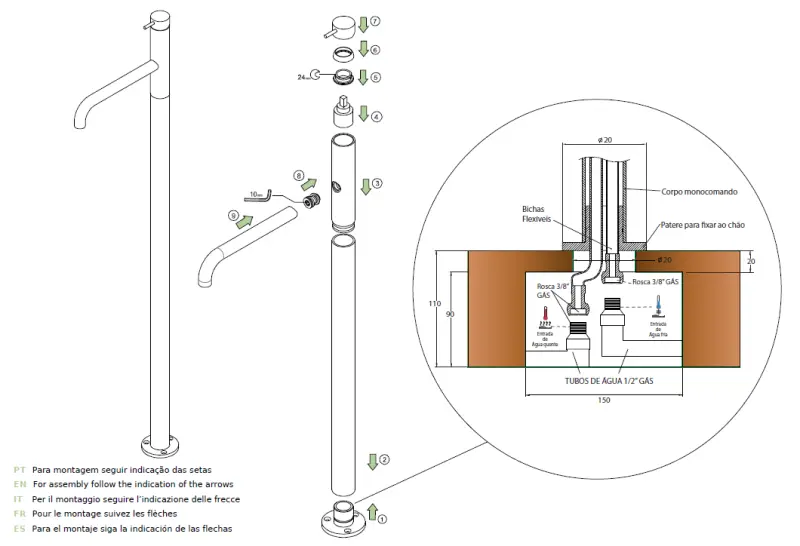 Waterrevolution Flow fristående tvättställsblandare Borstad Mässing T113LE
