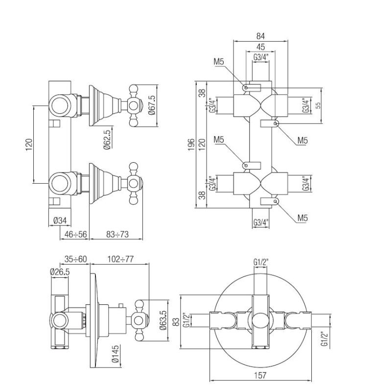PB Classic nostalgisk inbyggd duschtermostat med 2 stoppkranar brons