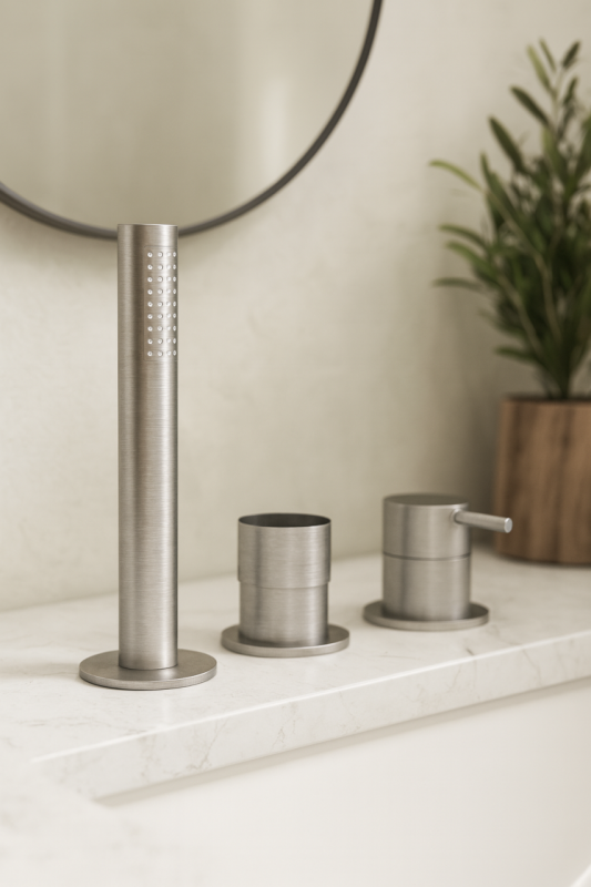 Waterevolution Flow 3-håls badblandare för badkarskantmontering rostfritt stål T138SBIE