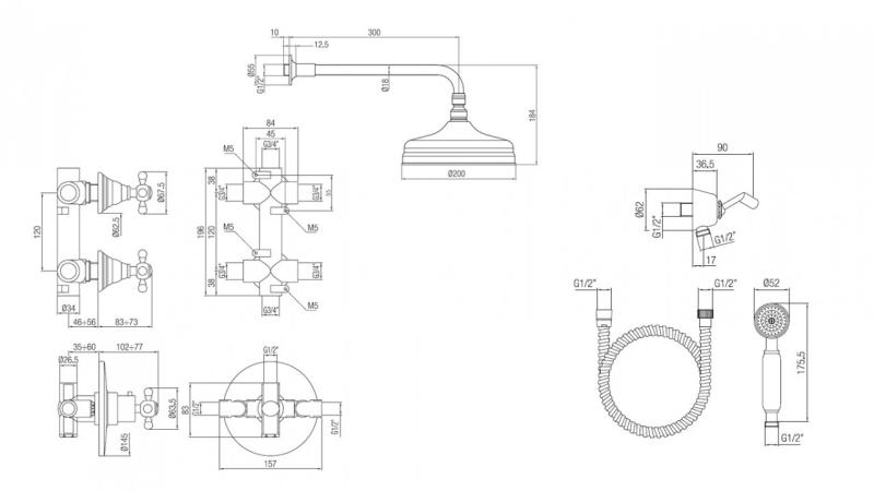 PB nostalgisk inbyggd duschset med termostatblandare och 2 stoppkranar - handdusch - regndusch 200 mm - krom