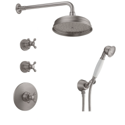 PB nostalgisk inbyggd duschset med termostatblandare och 2 avstängningskranar - handdusch - regndusch 200mm - rostfritt stål