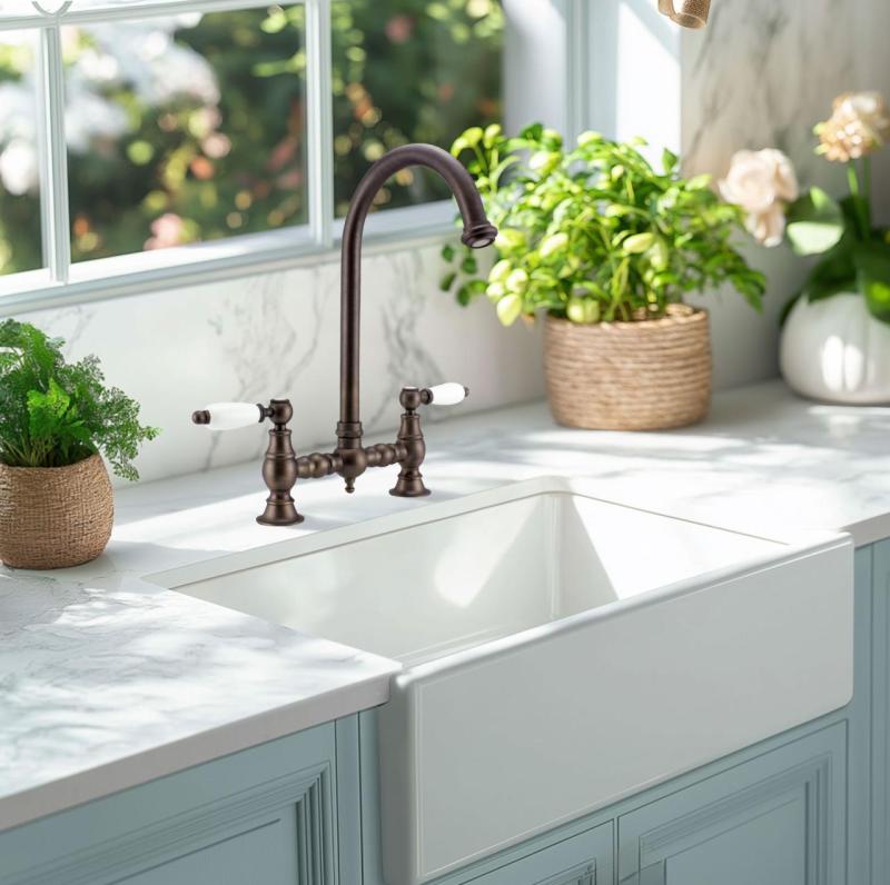 PB Nostalgisk Brokökkran mörk brons rund pip med vita handtag 1208954665