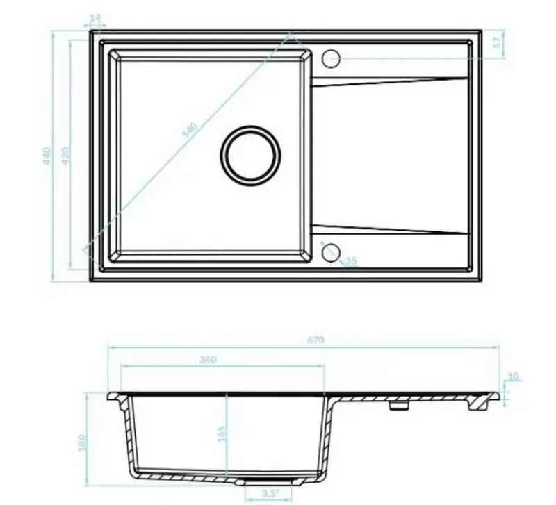 Aquadesign Cesena granitisk bänkskiva med avrinningsbricka, vändbar, färg svart