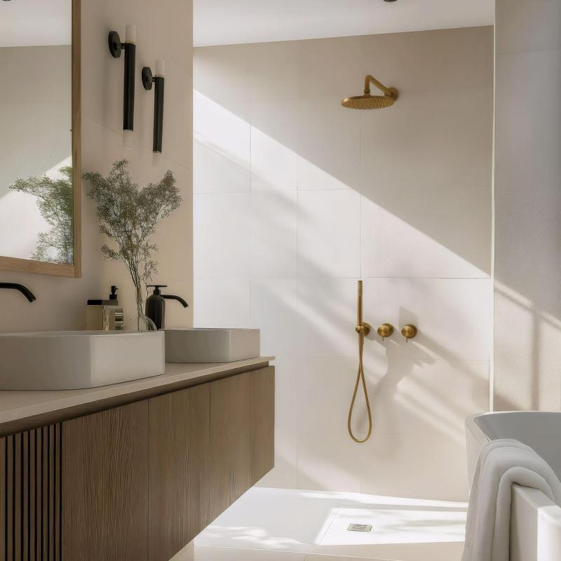 Waterevolution Flow inbyggd duschset med termostat regndusch och handdusch borstad mässing