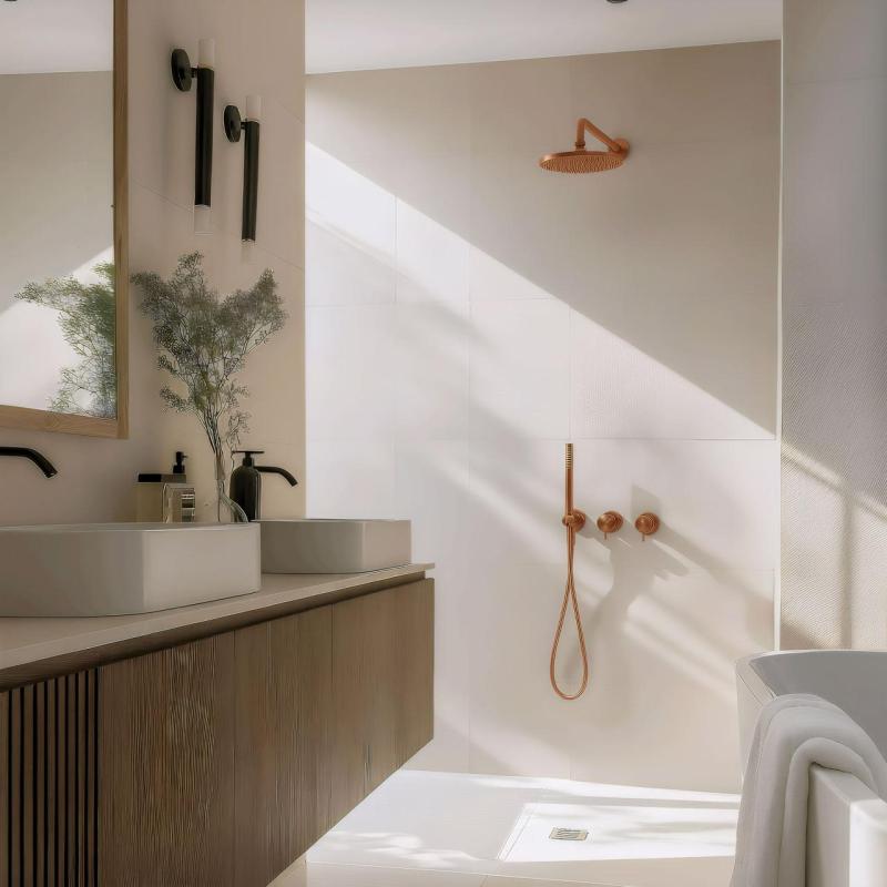 Waterevolution Flow inbyggd duschset med termostat regndusch och handdusch borstad koppar PVD