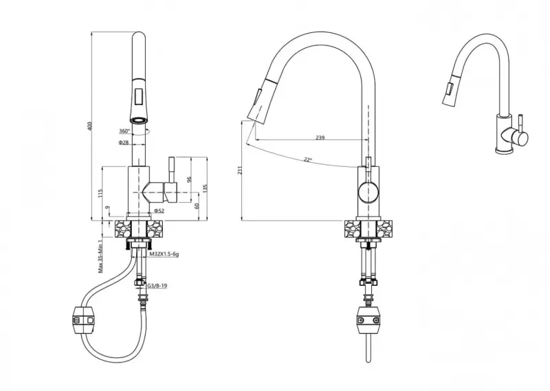 Quadri Leeds köksblandare med utdragbar dusch med 2 lägen matt svart 1208955907