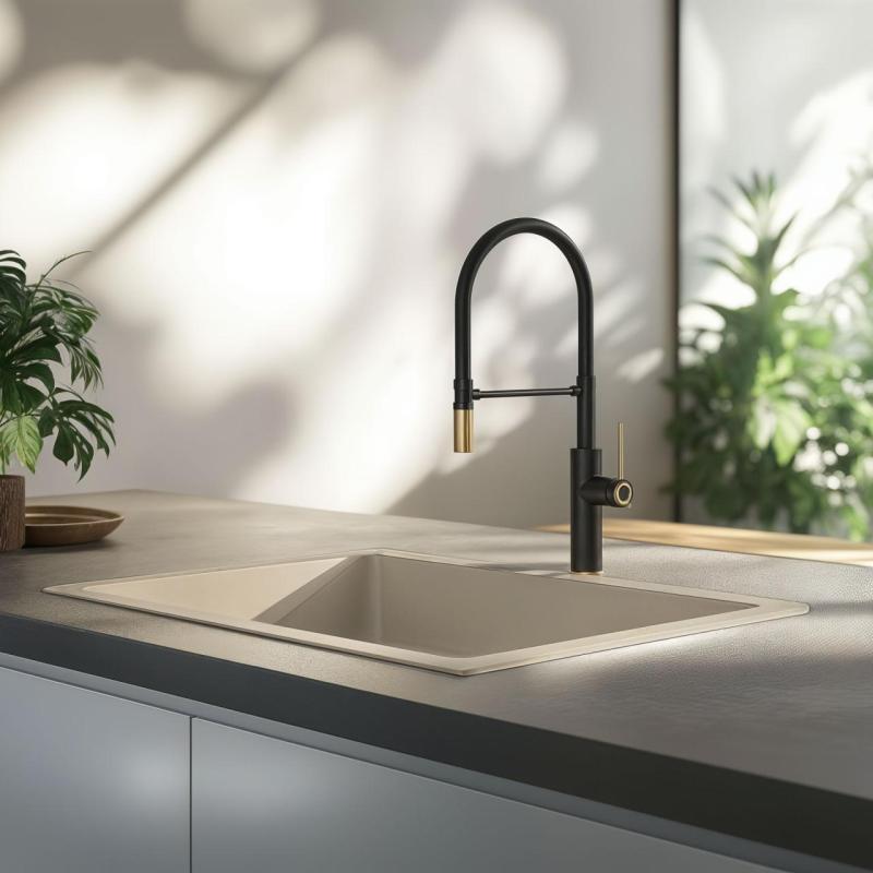 Quadri Retford Köksblandare Svart med Guld Finish och Flexibel Svart Utlopp 1208956092