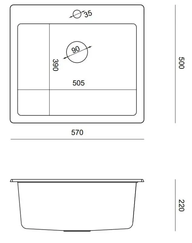 Quadri Sheffield svart granit infälld diskho 57x50cm med kranhyllplan och kopparplugg 1208956115