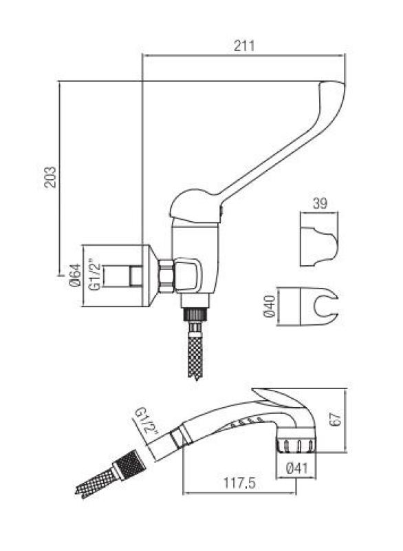 PB Clinic handikappanpassad duschblandare med lång spak i krom med tryckhanddusch 1208956283