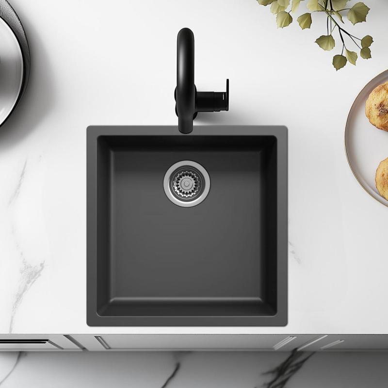 Svart diskho 40x40 cm för undermontering, ovanmontering och planmontering med rostfri plugg 1208956390