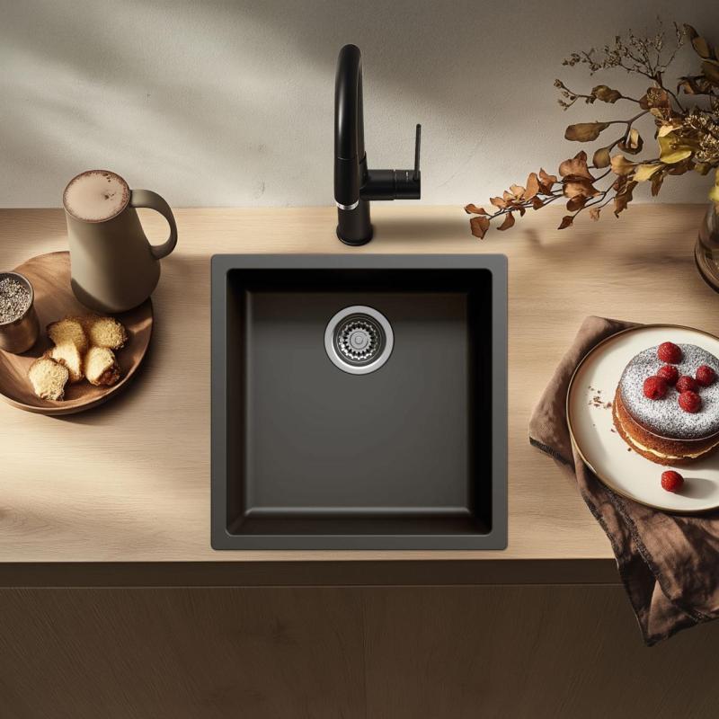 Svart diskho 40x40 cm för undermontering, ovanmontering och planmontering med rostfri plugg 1208956390